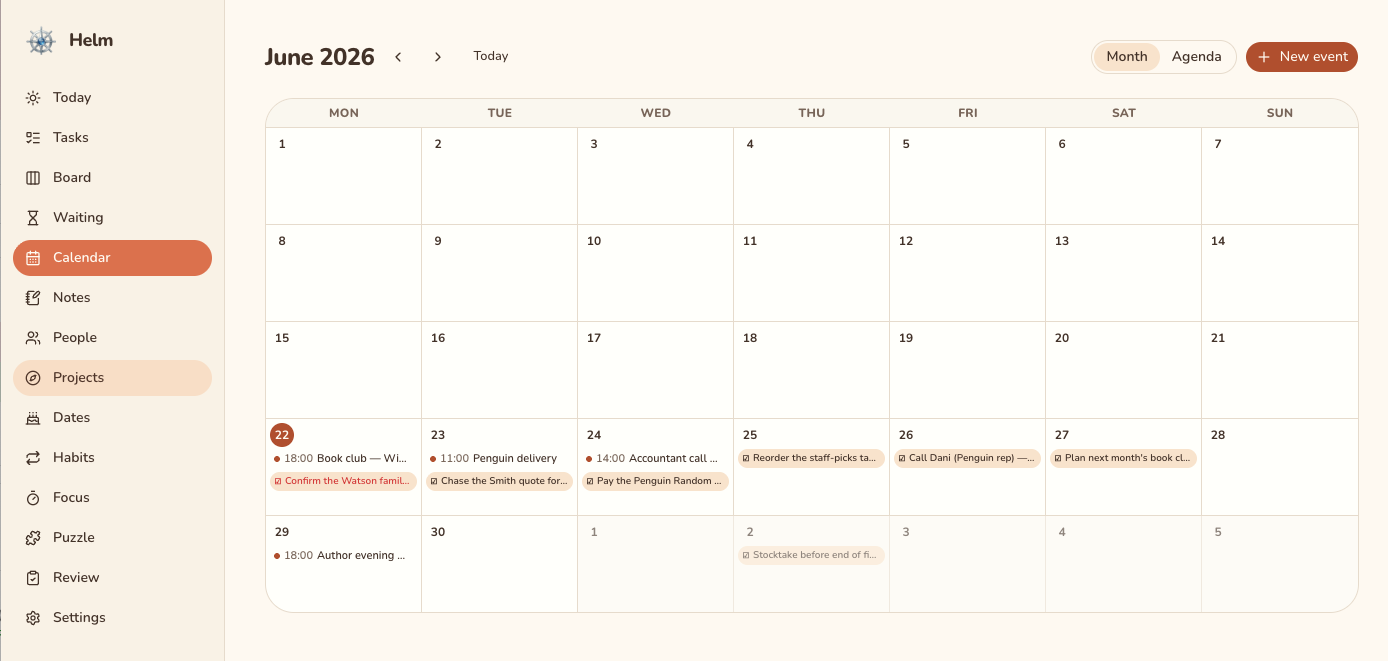 Helm month calendar showing appointments and task due dates together