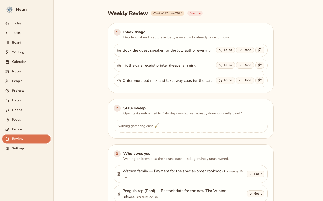 Helm weekly review — inbox triage, stale-task sweep, overdue follow-ups