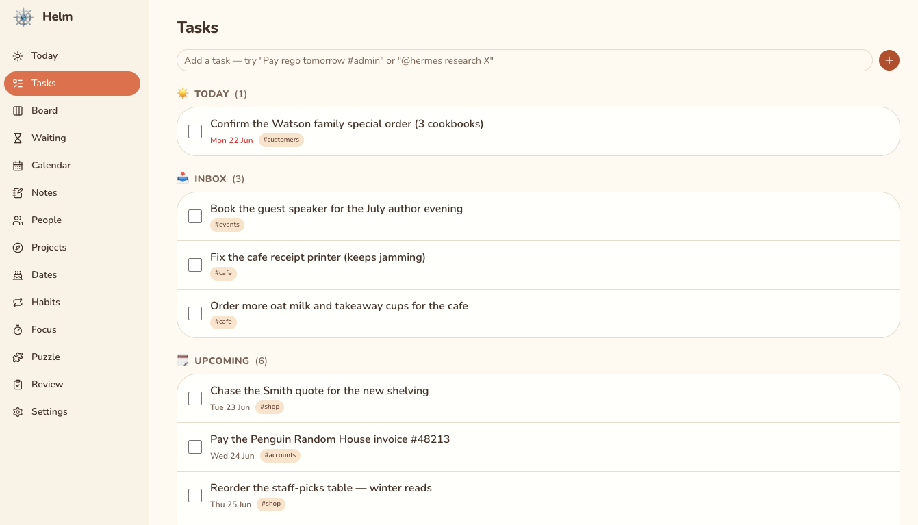 Helm tasks view sorted by today, inbox and upcoming