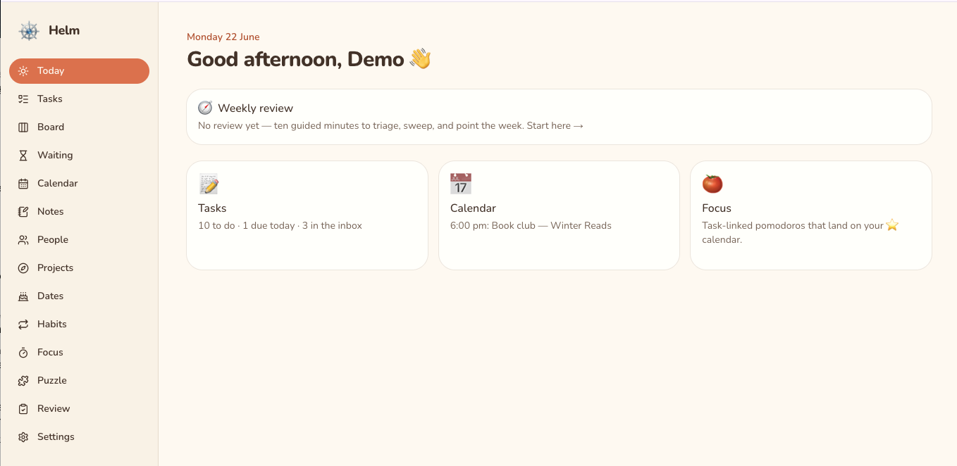 Helm's Today view — tasks, calendar and the day's focus in one place