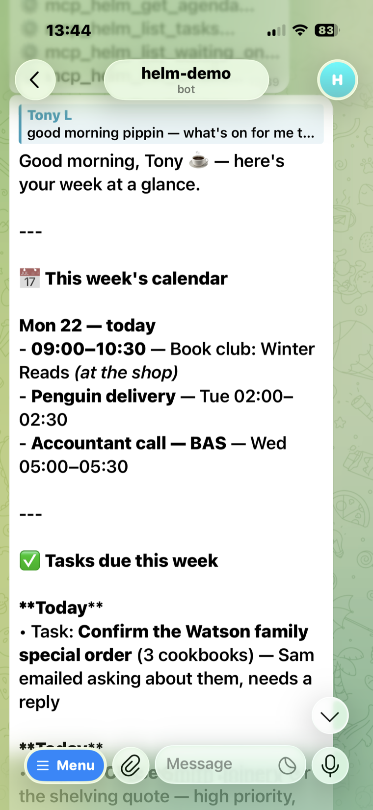 Your assistant sending a morning briefing in a chat