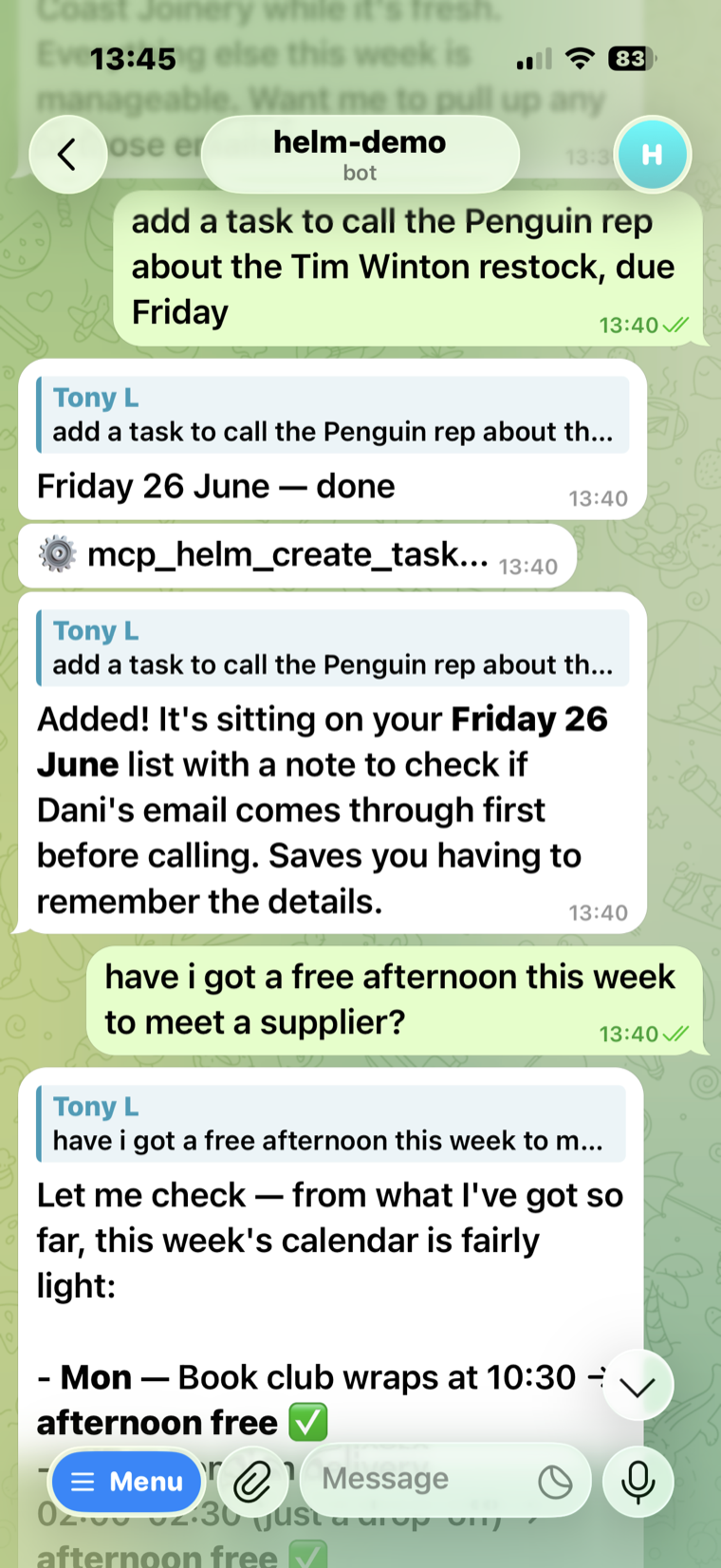 Asking your assistant to add a task in a chat message